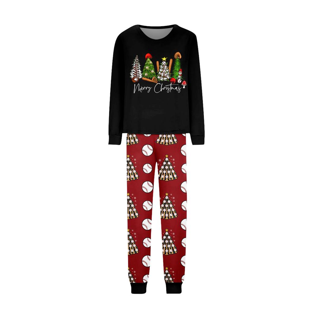 Christmas Print Round Neck Family Matching Long Sleeve and Pants Pajama Set, Holiday Loungewear