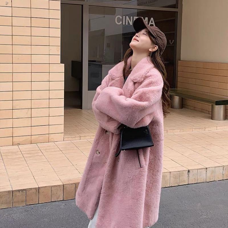 New Environmentally Friendly Rabbit Fur Fur Coat for Autumn and Winter Long Thick Warm and Loose Fitting Suit Collar Coat