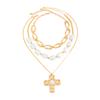Metal Cross Irregular Pendant Necklace, Stacked With Baroque Imitation Pearl Beaded Necklace