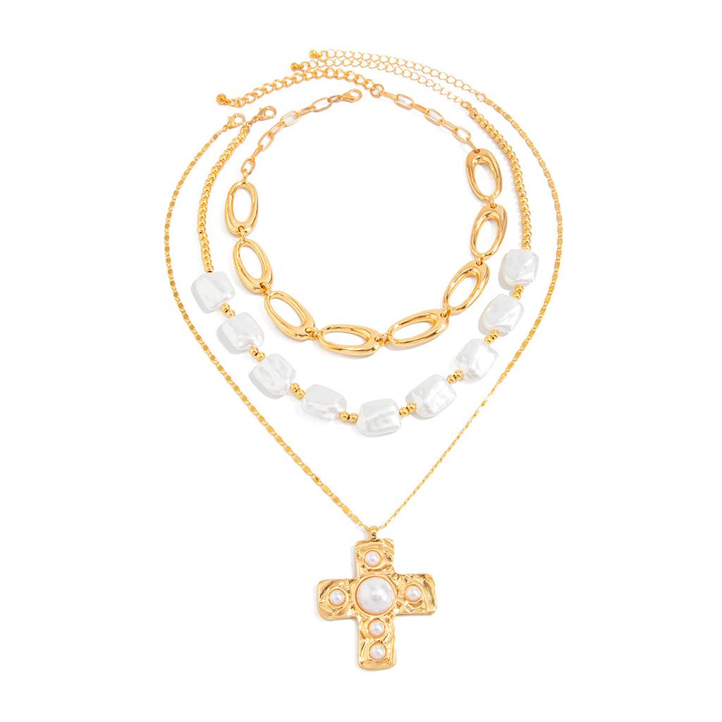 Metal Cross Irregular Pendant Necklace, Stacked With Baroque Imitation Pearl Beaded Necklace
