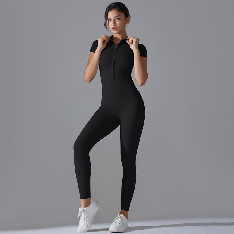 Womens High-Elastic Zipper Front Tight Fit Long Sleeve Jumpsuit Yoga Running Gym Workout