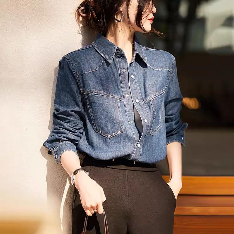 Women's French Retro Blue Denim Shirt - 2025 Spring Layering Versatile Top