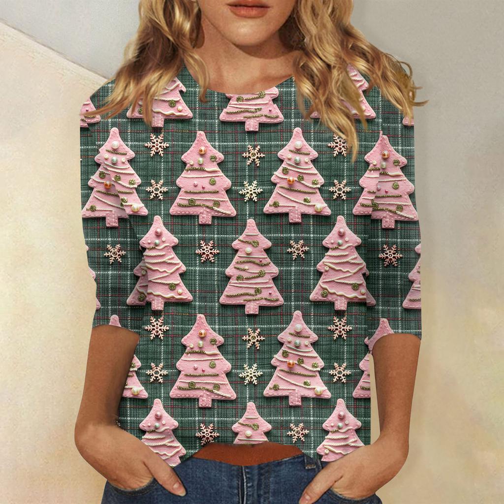 Women's Fashionable Casual Three-Quarter Sleeve Christmas Print Round Neck Top
