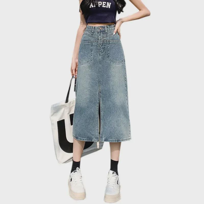 Women's High-Waist Denim A-Line Skirt with Pockets and Slit - Retro Mid-Length Design