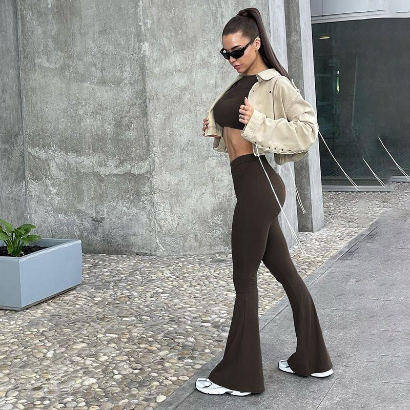 Fall Fashion New Arrival Pure Color Minimalist Round Neck Midriff-Baring Long Sleeves Tops High Waist Straight-leg Bootcut Trousers Casual Suit