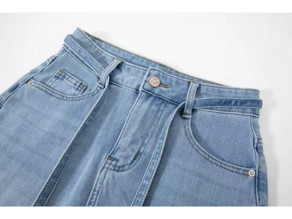 Hong Kong Style Tencel Stretch Back-Slit Denim Midi Skirt - High-Waisted, Tie-Up, Slimming & Versatile for Women (Spring 2026)