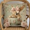 Easter Teacup Bunny Pillow Cover Vintage Floral Rose Print Soft Cozy For Sofa Bed Living Room Spring Decor Cute Gifts