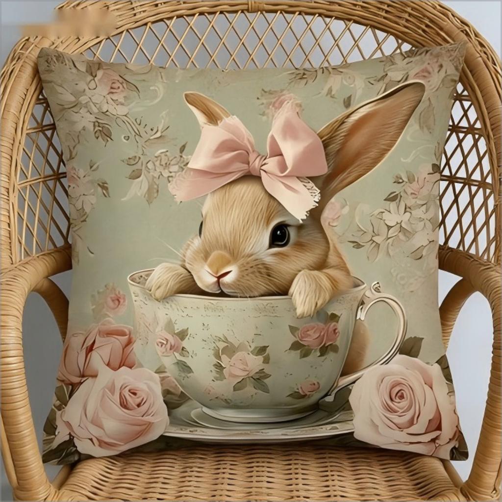 Easter Teacup Bunny Pillow Cover Vintage Floral Rose Print Soft Cozy For Sofa Bed Living Room Spring Decor Cute Gifts