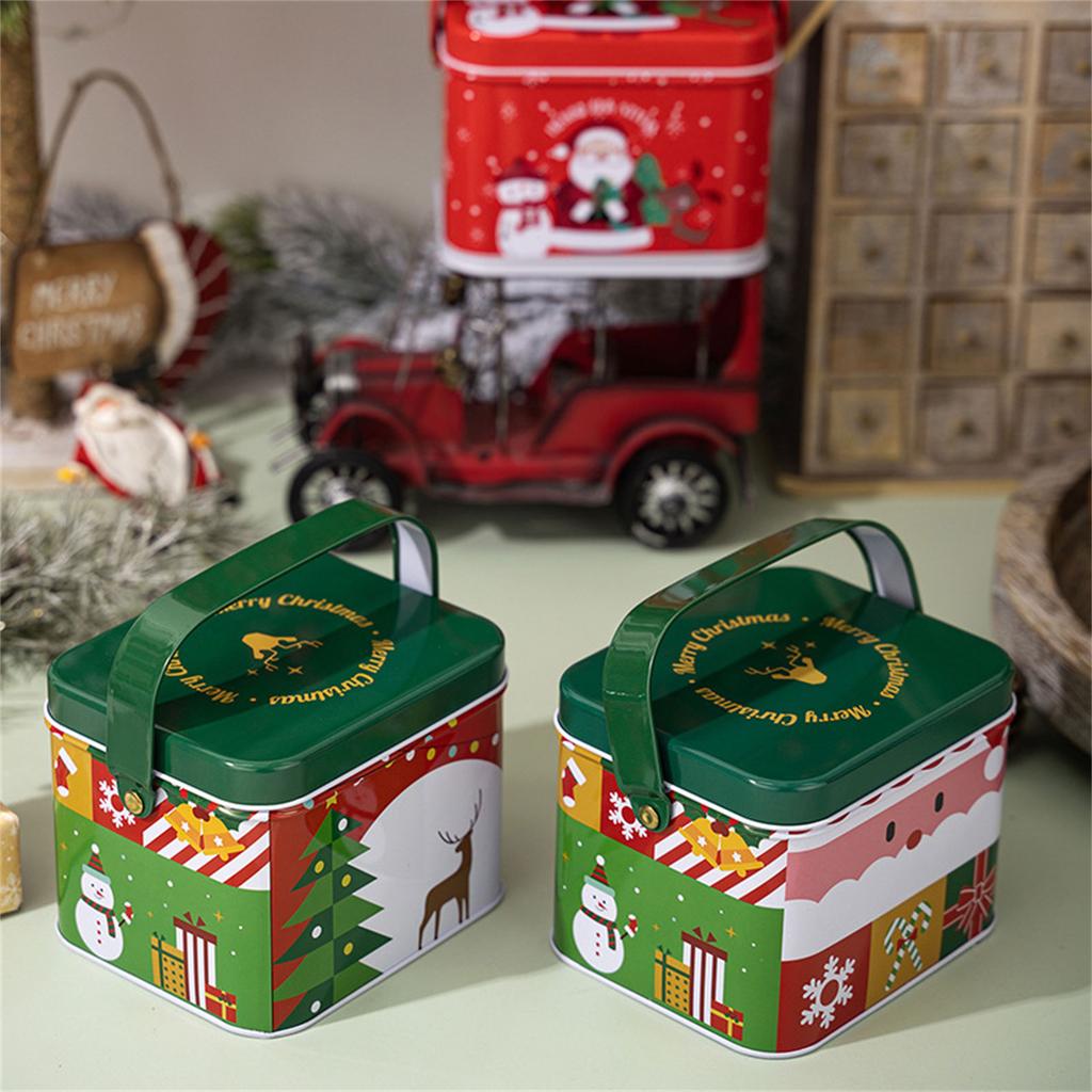2pcs Christmas Candy Boxes with Handle Handheld Sweets Tins Portable Tinplate Candies Holders Sugar Storage Container
