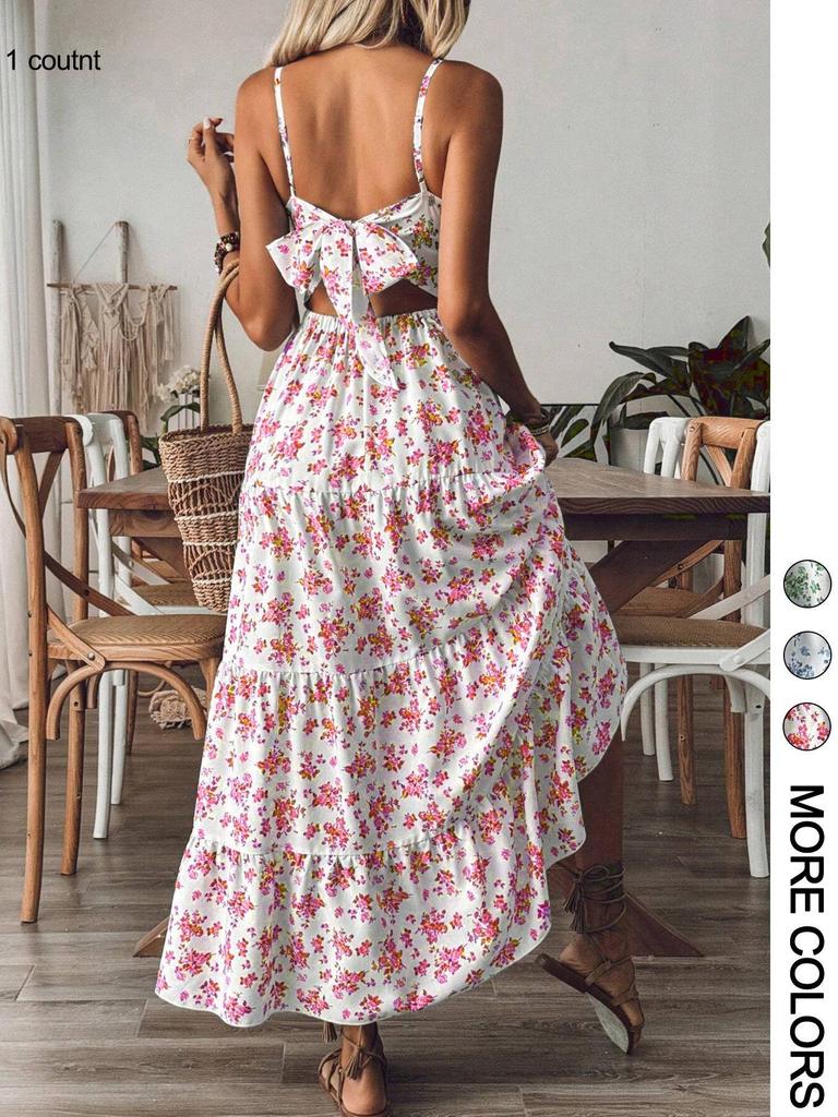 Robe à bretelles spaghetti en dentelle florale à lacets pour femme avec nœud et large ourlet