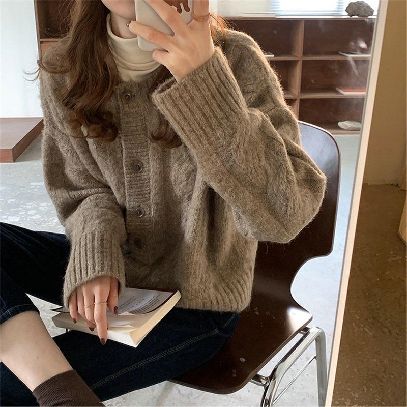 Korean Fashion Twisted Cardigan Sweater Women O Neck Single-breasted New Knitted Office Retro Coats Female Autumn Winter Solid Color Casual Jackets