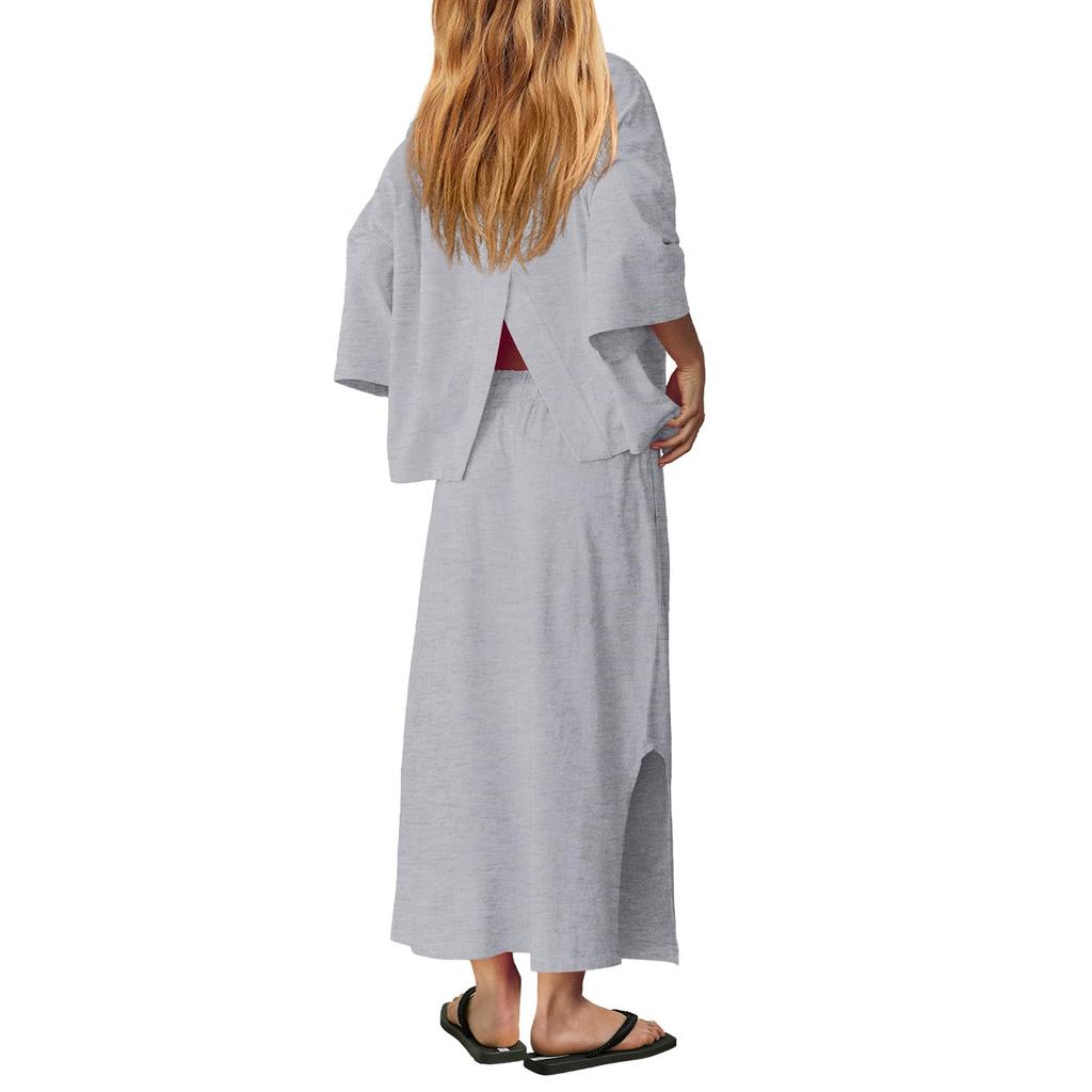 Women's Fashion Solid Color Casual Top And Maxi Skirt