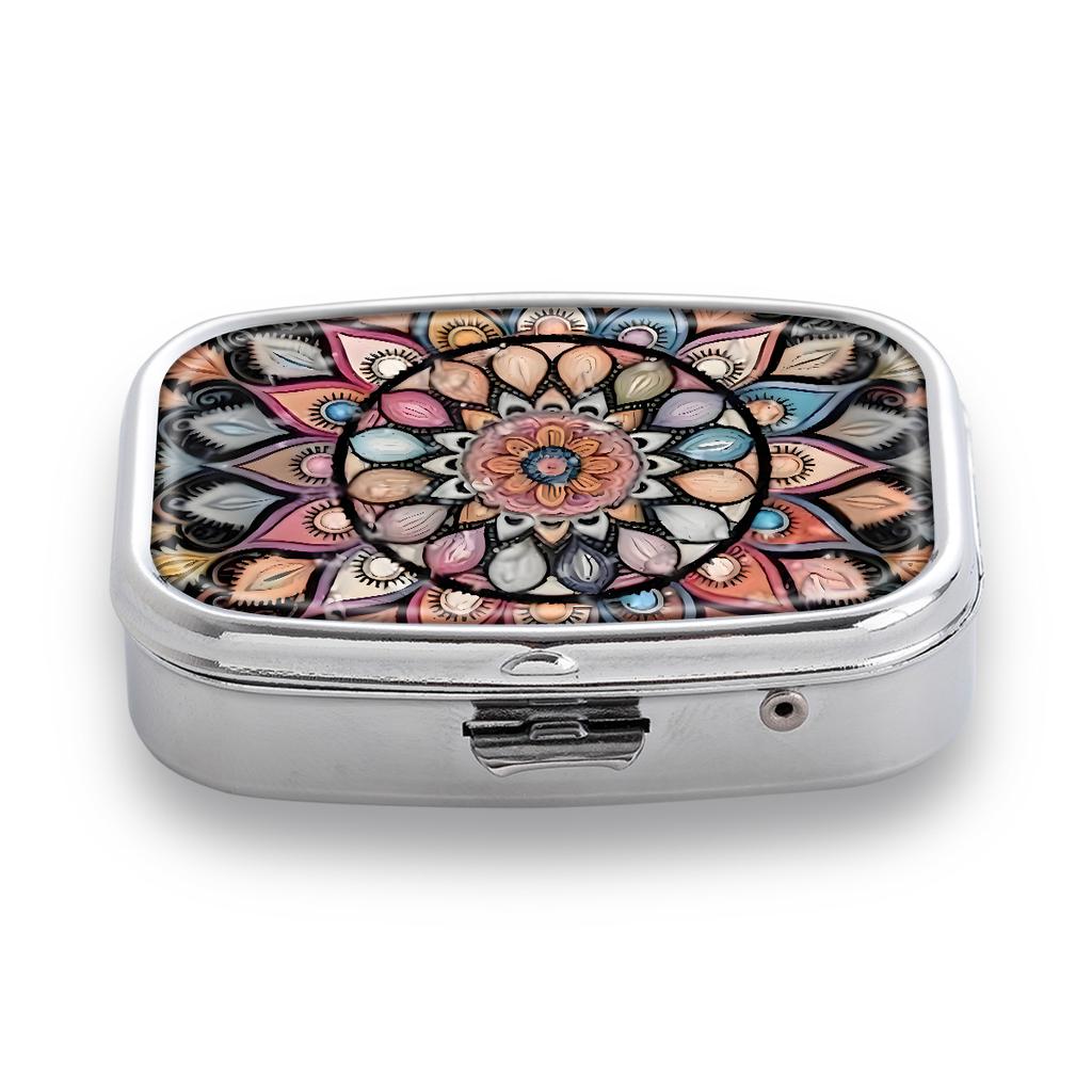 Portapillole Portatile con 2 Scomparti, Mini Custodia Organizer in Metallo per Medicine, Carino Contenitore Stampato per Pillole, Vitamine, Gioielli, Viaggio, Uso Quotidiano