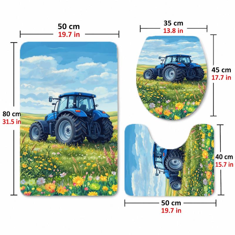 Tractor (5) Flannel Toilet 3 Piece Set Soft Bathroom Toilet Seat Cover Non-Slip Bath Rug Home Bathroom Decor