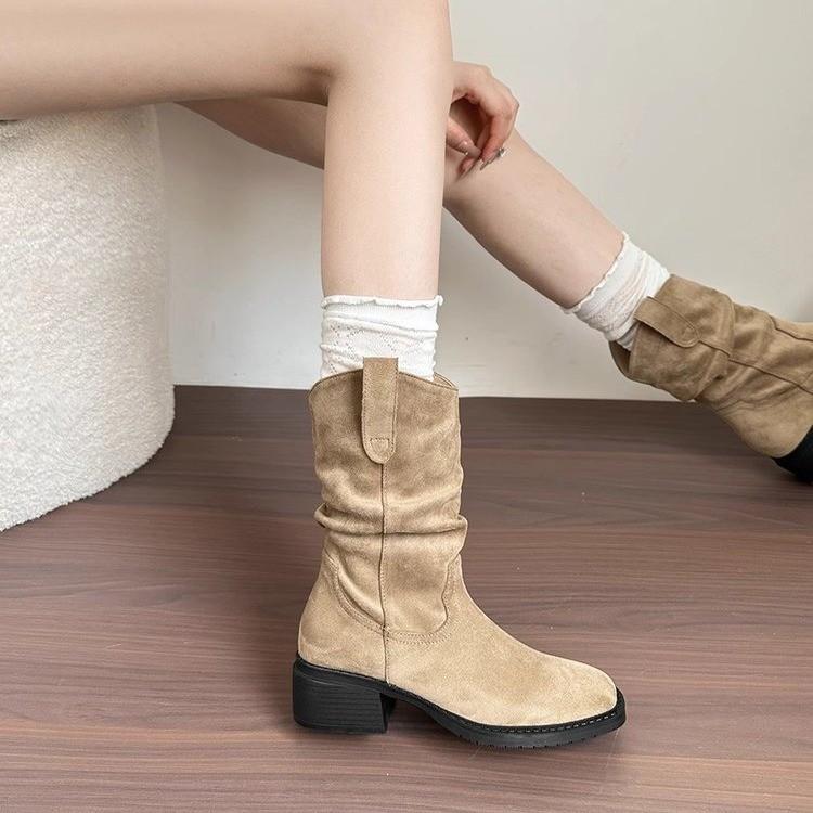 Popular retro pleated stacking boots 2025 new autumn and winter versatile style pointed thin thick heel short boots