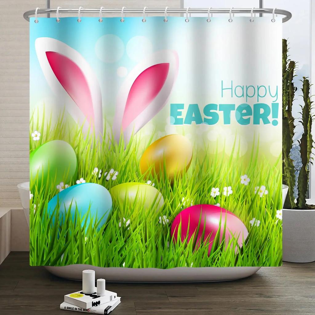 Spring Easter Shower Curtain Happy Rabbit Bunny Eggs Flower Garden Floral Holiday Waterproof Bathroom Shower Curtain With Hooks