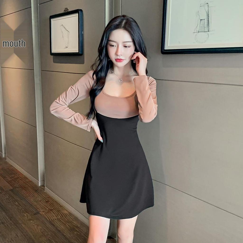 2025 Women's Two-Piece Faux Long Sleeve Dress — Slimming A-Line Skirt for Spring and Autumn Nightclub & Work