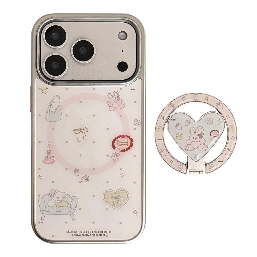 Creative Cartoon Case for iPhone 16/15/13 Pro Max: Magnetic Bracket, Electroplated, Korean Design