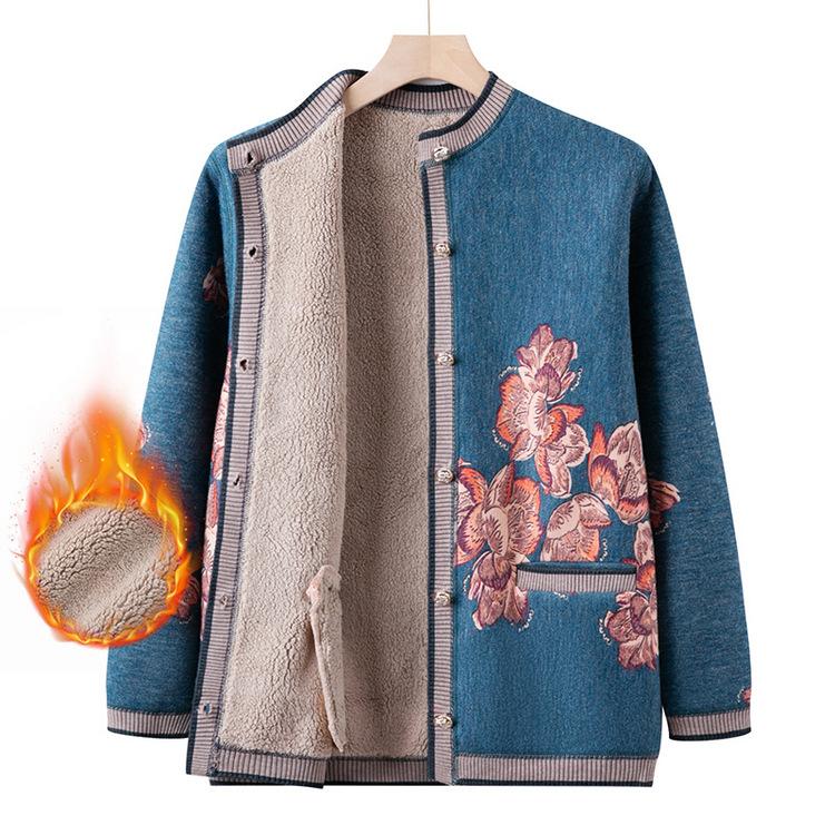 Middle-aged and Elderly People Plus Velvet Warm Sweater Grandma Autumn and Winter Sweater Cardigan Mother Padded Coat New