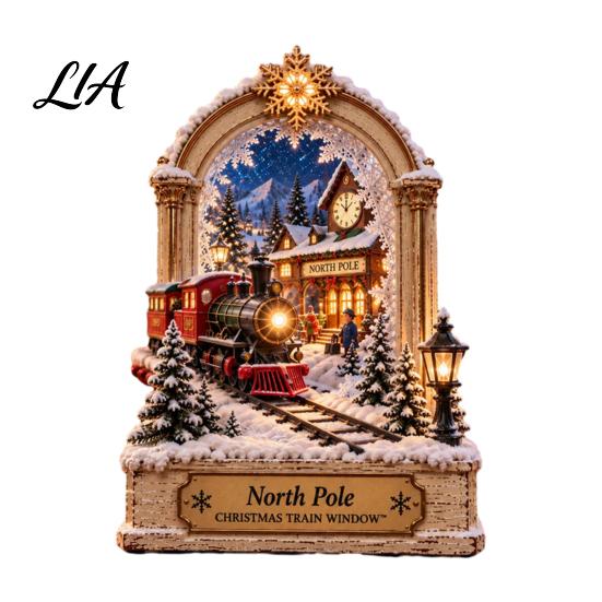 Holiday Party Table Settings Christmas Wooden Window Scene Figurine, Double-Sided Print Sign with Santa Workshop Indoor Displays Snow Town Train,