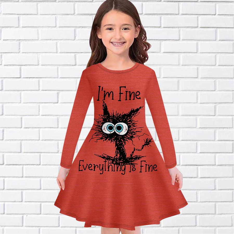 Girl Casual Stupid Cat Print Round Neck Long Sleeve Dress Kid Princess Dress