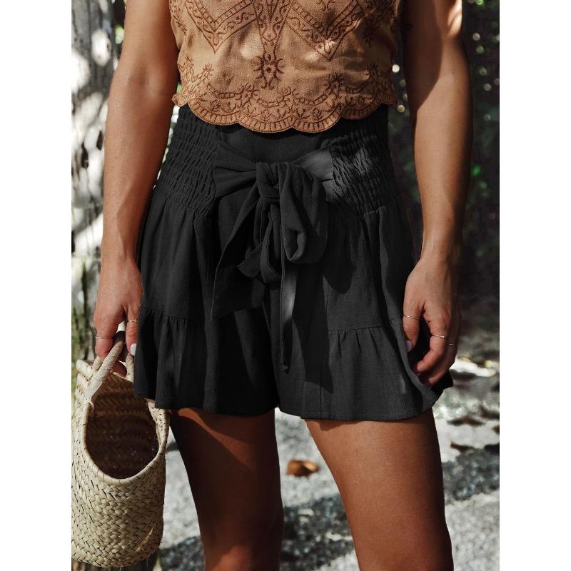 Summer Women's Shorts Cotton Linen Ruffle Fashion Wide Leg Shorts Draped Casual Pants