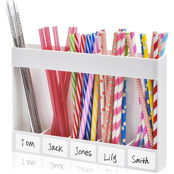 9.5" Acrylic Straw Holder for Cabinet Door, Straw Organizer for Cabinet Door with Double-Sided Tape, Stickers and Cleaning Brush, Reusable Storage