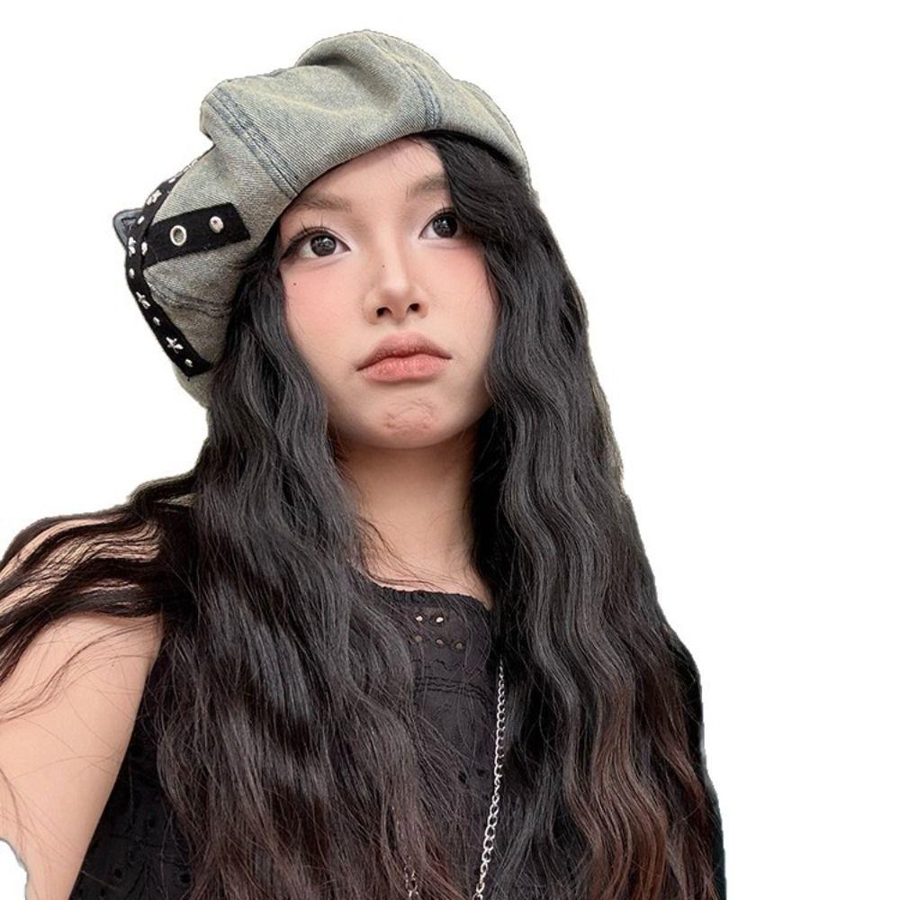 Creative Gift Denim 3D Cat Ear Hat Breathable Studded Cat Ear Beret Y2K Ear Hat