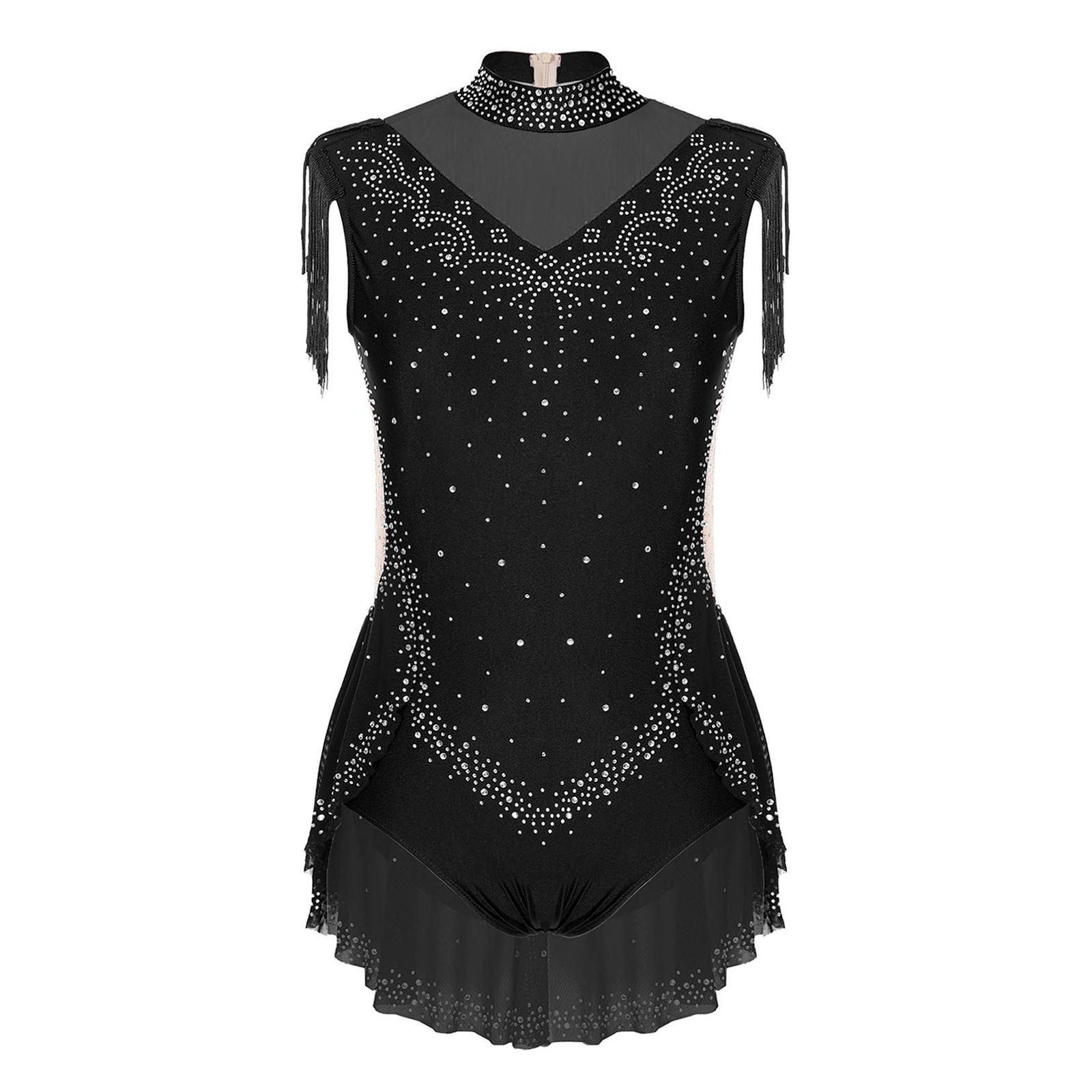 

Girls Sparkling Rhinestones Dance Leotard Mock Neck Sleeveless Invisible Zipper Back Sheer Mesh Skirted Bodysuit 5-6 Years чорний