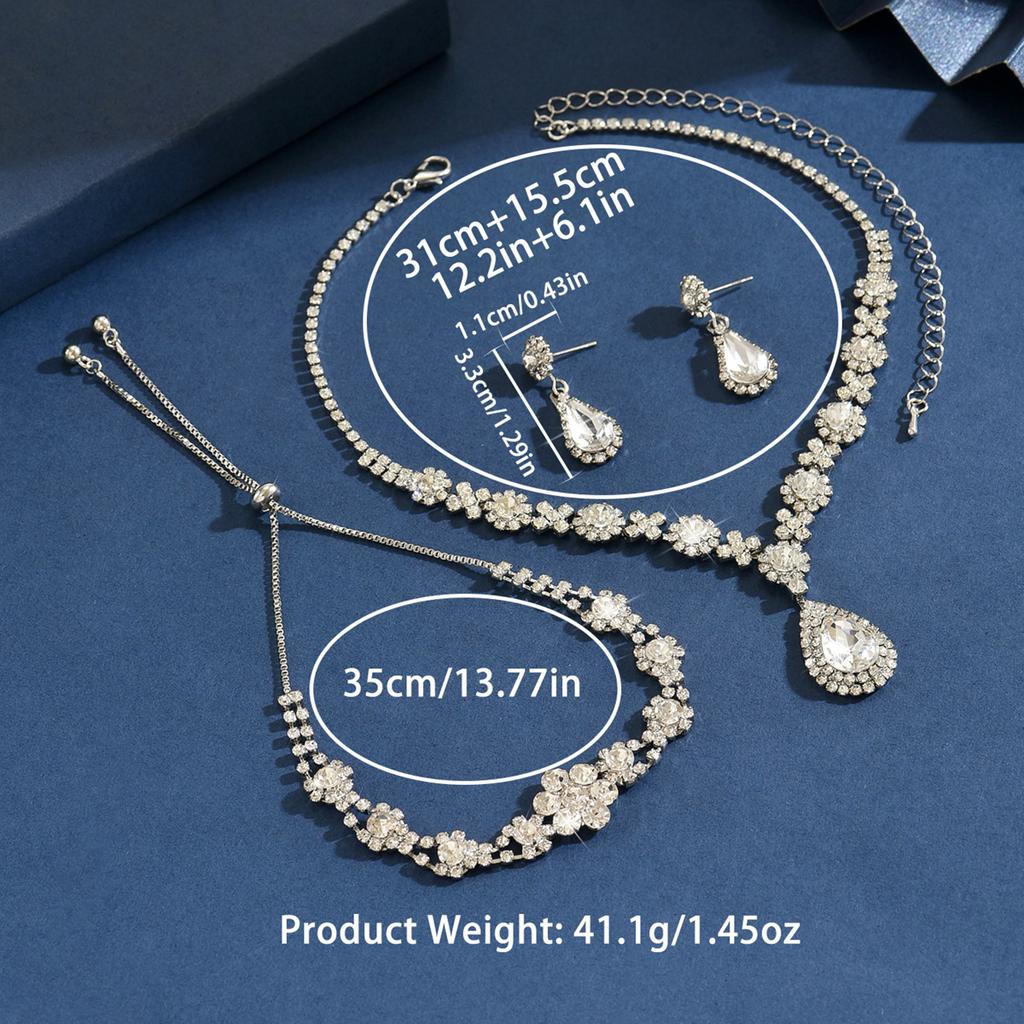 4PC Women's Fashion Waterdrop Geometric Flower Necklace Earrings Bracelet Zircon Set Design Versatile Zircon