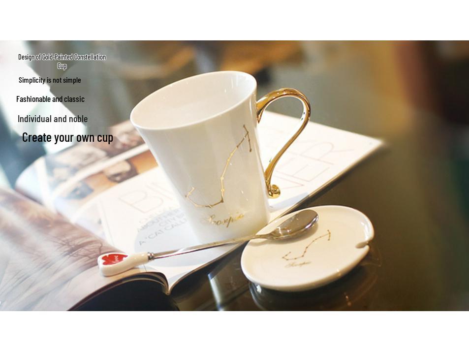 Tierkreiszeichen Keramiktassen-Set: Stilvolle Sternbild-Tasse für Zuhause, Paare, Kaffee und Tee, komplett mit Deckel und Löffel.