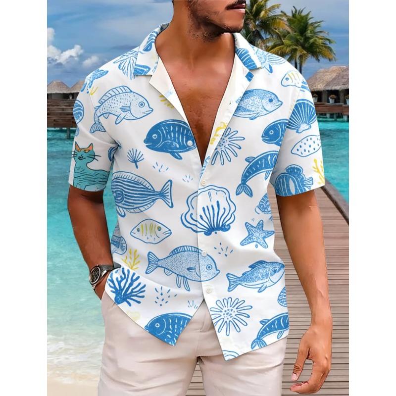 Men s Classic Retro Ocean Animal Print Short Sleeve Shirt Dinosaur Print Top 4XL