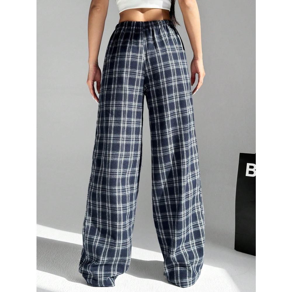Women's Plaid Trousers, Casual Straight-Leg Pants, Wide-Leg Pants, Student-Friendly, Comfortable