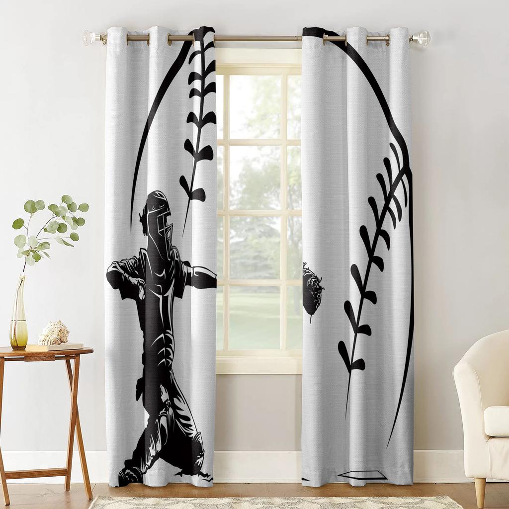 Baseball Catcher Baseball Player Black White Blackout Curtains For Kitchen Bedroom Kids Room Window Curtains for Living Room