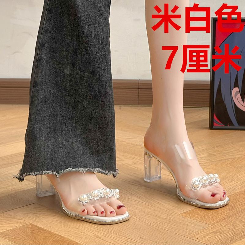 

High heels women s summer 2025 new one-word with waterproof table rhinestone transparent crystal thick heel slippers sandals women 34