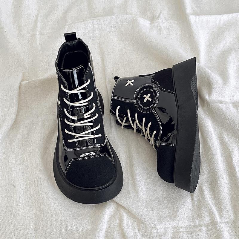 Stylish Single Boots Autumn New Round Toe Spliced Front Lace-Up Platform Anti-Slip Wear-Resistant Short Shoe