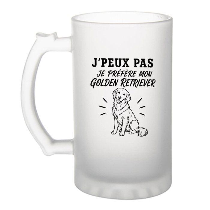 Chope de bière - PLANETEE - J'peux pas minimaliste - Verre trempé givré 470 ml - Motif Golden Retriever - Imprimée en Bretagne