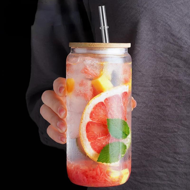 Drinking Cup Glasses with Bamboo Lid Juice Glass Straws Beer MugIce Coffee Mugs Cute Glasses Beer Jars Glasses Brush Drinkware