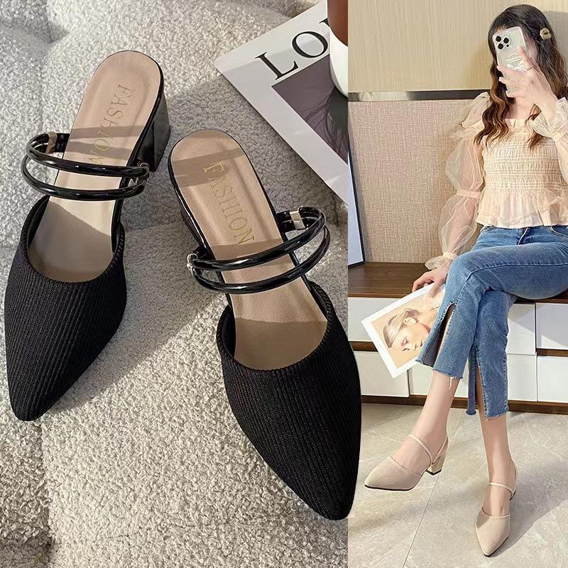Pointed Head, Medium Heel, Thick Heel, Cool Slippers, Half-drag Sandals for Women's Summer New Breathable Cloth, and Outer Wear.