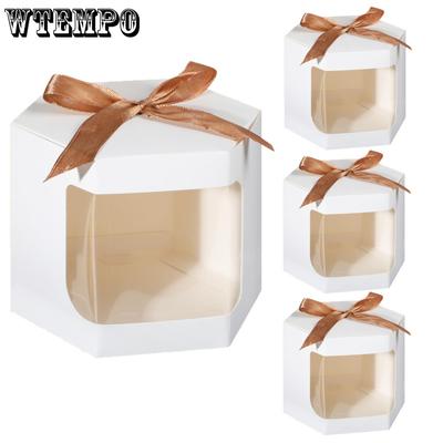 15pcs White Gift Boxes with Clear Window Hexagonal Treat Boxes with Lid and Ribbon Gift Packing Box for Crafting Soap Easter Wedding Parties Jewelry