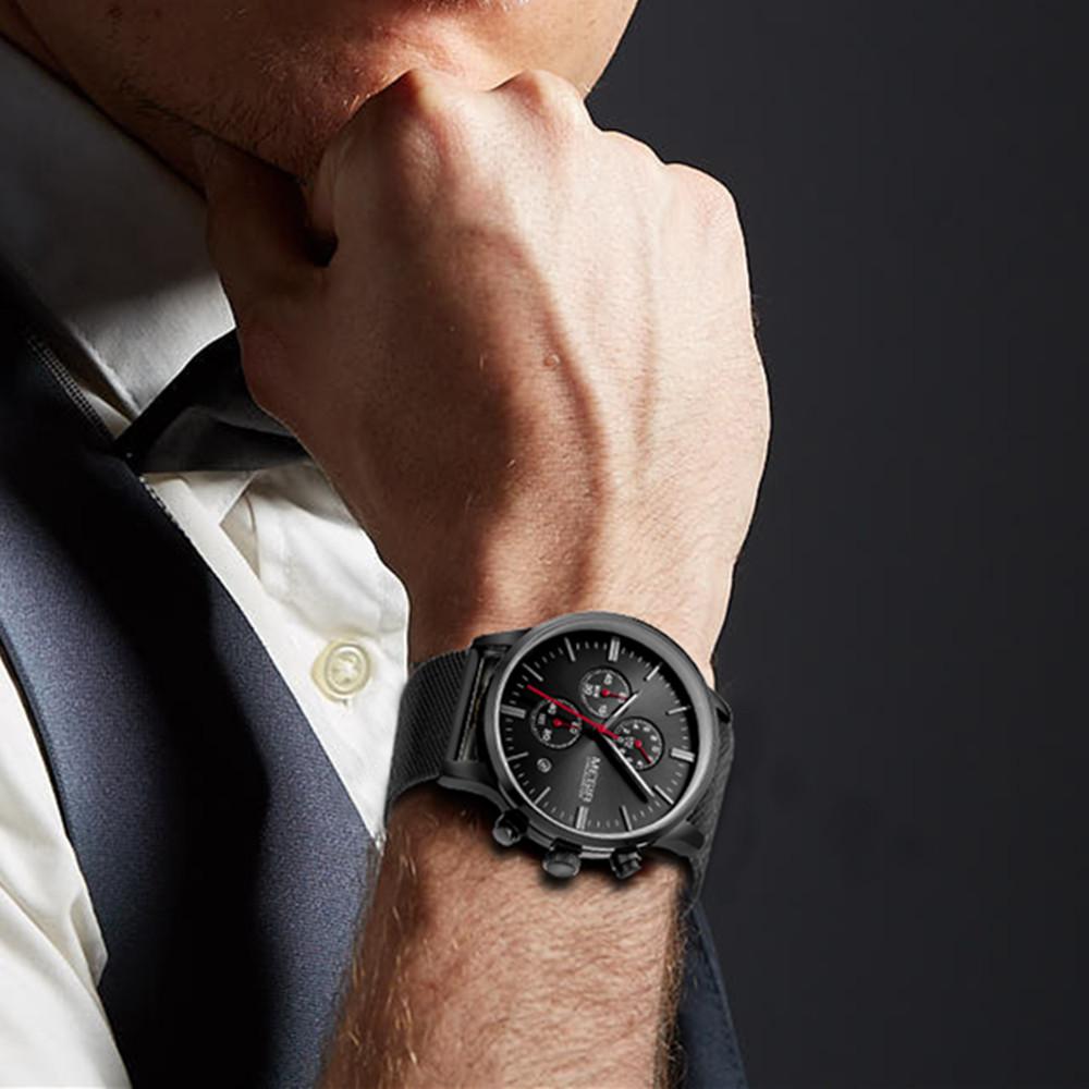 Megir Men Watches Mesh Stainless Steel Quartz Chronograph Watch Clock Relogio Masculino for Male Students Relogios