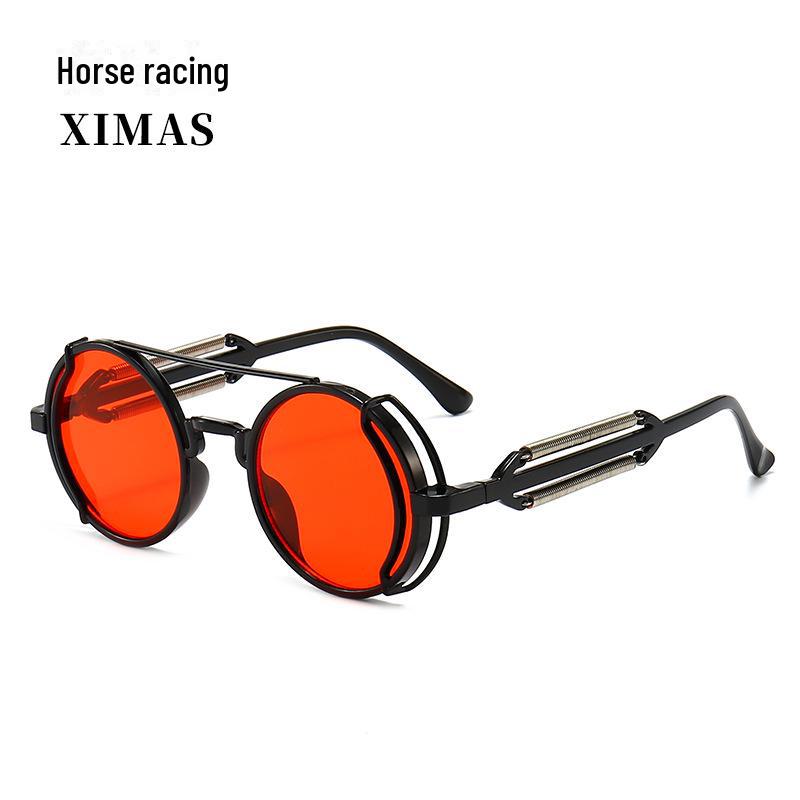 European and American Punk-Style Round Frame Sunglasses with Colorful Double Spring Legs