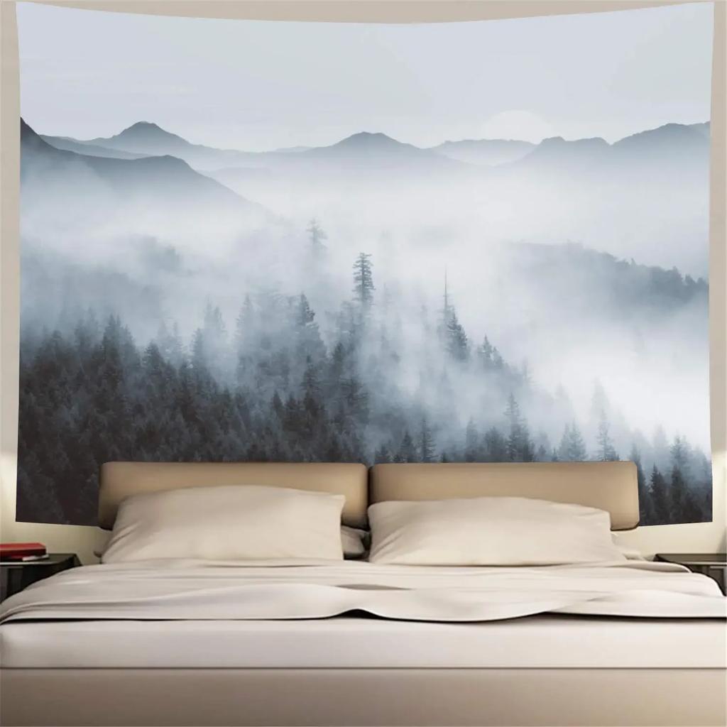 VIKAMA Nature Forest Tapestry, Misty Green Pine Tree Scenery Wall Art Hanging for Bedroom Living Room Photography Backdrop
