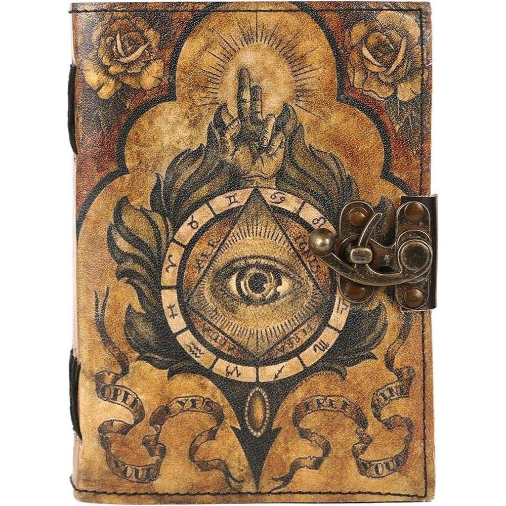 Drittes Auge Buch der Zaubersprüche - Ledergebundenes Grimoire-Tagebuch mit Büttenpapier | Hexerei-Zubehör, Zauberspruch-Notizbuch, Tagebuch für Männer & Frauen