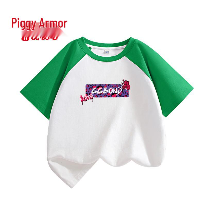 GGBOND Piggy Man Kids Summer 2026 Raglan Short Sleeve T-shirt, Color Block Pure Cotton, Round Neck 110cm