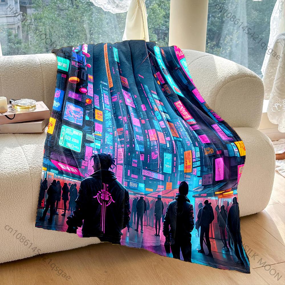 1PC Neon-lit futuristic city Print Adult Children Warm Blankets Home Travel Car Soft Comfortable Suitable for all seasons 75X95CM