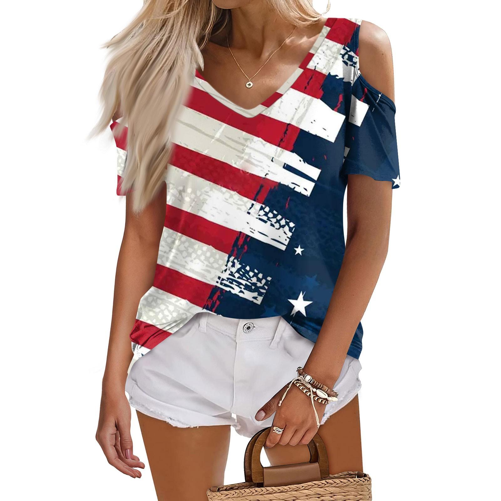 

Женская летняя модная повседневная футболка без бретелек с v-образным вырезом и короткими рукавами, посвященная Дню независимости, топ XXXL