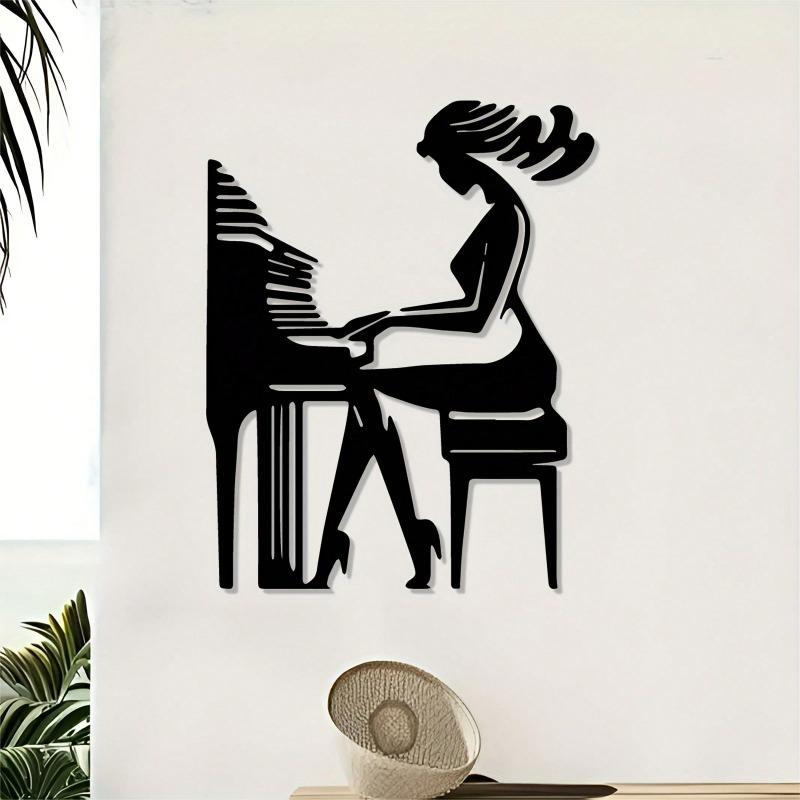 Elegant Piano Player Metal Mural Black Outline Statue Retro Iron Music Room Decor Gift