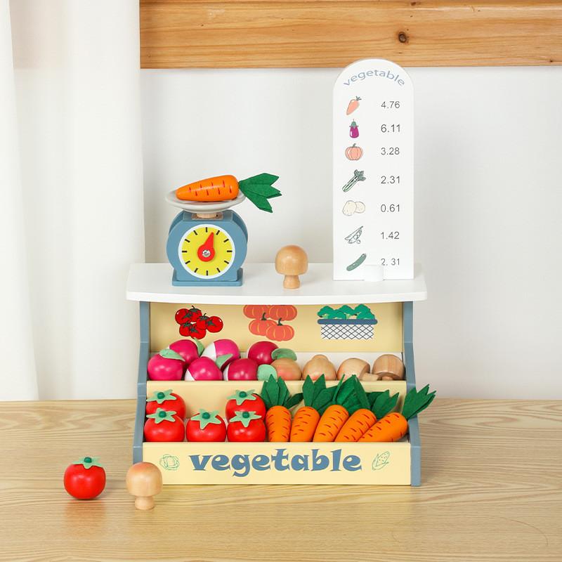 Wooden Pretend Play Fruit And Vegetable Market Set With Shopping Cart For Kids Educational Toy Vegetable