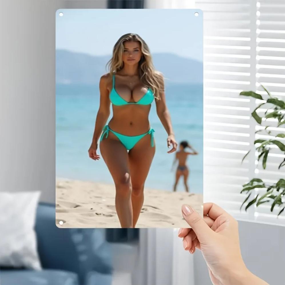 Hisun Tin Sign HD Metal Wall Art Gorgeous Blonde Woman In Turquoise Bikini Walking On Sandy Beach with Crystal Clear Ocean Distant Mountains
